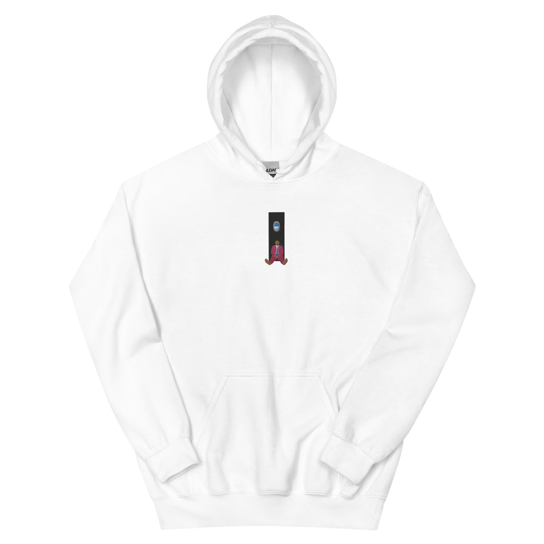White hoodie with a graphic on the front featuring a Mac Miller album reference.